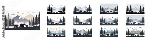 Silhouette of a bear family in a foggy pine forest Vector illustration. Silhouette of bears consisting of an adult and two cubs moving in unison.