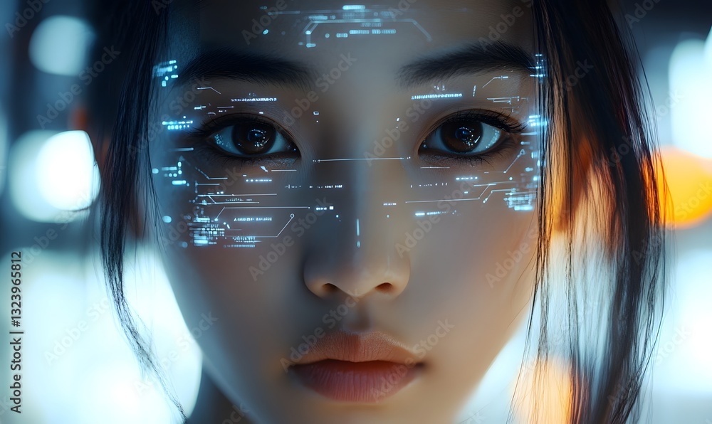 a woman with digital glasses and a futuristic display overlay. a woman with digital glasses and a futuristic display overlay.