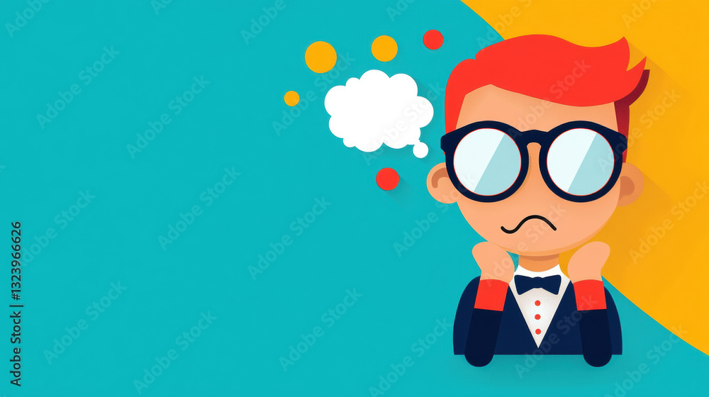 Nonplussed, Cartoon character thinking with glasses and a bow tie against a colorful background. Nonplussed, Cartoon character thinking with glasses and a bow tie against a colorful background.