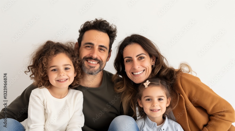 Cheerful family with two young daughters in casual outfits portrait image. Dad, mom and brunette girls children photography human scene. Close bond relationship concept photo-realistic Cheerful family with two young daughters in casual outfits portrait image. Dad, mom and brunette girls children photography human scene. Close bond relationship concept photo-realistic