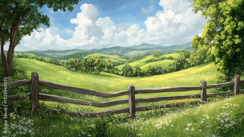 Fototapeta premium Serene Countryside Bliss - Idyllic Green Hills and Wooden Fence in Rural Landscape