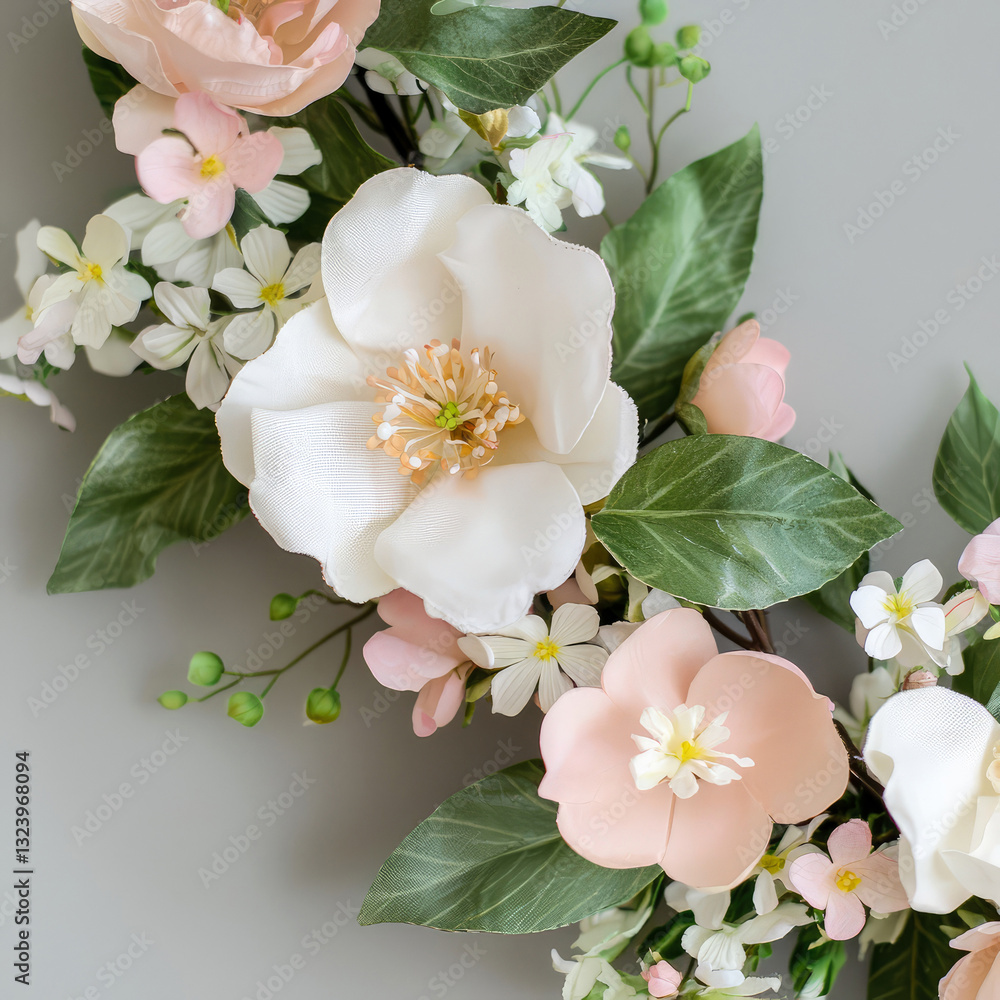 Fototapeta premium Spring floral wreath with delicate pink blossoms and fresh green leaves. Soft pastel tones, botanical composition, perfect for seasonal design and branding. Generative ai