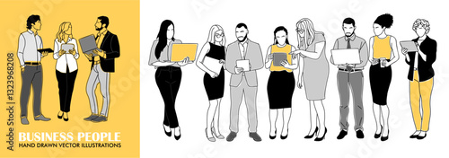 Diverse Business team members standing, talking, working on laptop, digital tablet. Different men, women vector outline illustrations for graphic, web design. Isolated