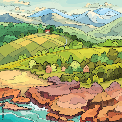 Summer landscape of mountains and one house in a field from a bird's eye view, rocks near the ocean 