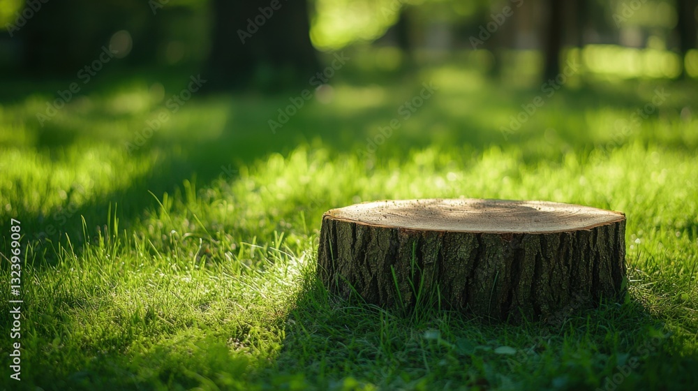 Fototapeta premium Tranquil Tree Stump in Lush Green Grass