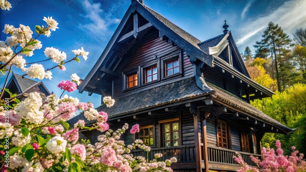 Dark wood structures, exquisitely adorned with delicate flowers, create stunning floral architecture. Dark wood structures, exquisitely adorned with delicate flowers, create stunning floral architecture.
