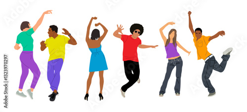 Set of young happy dancing people, male and female dancers. Girls and guys enjoying dance party. Colorful vector illustration in flat cartoon style isolated