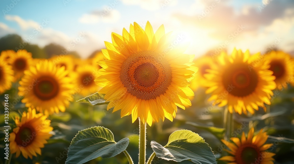 Fototapeta premium Golden sunflower field at sunset (1)