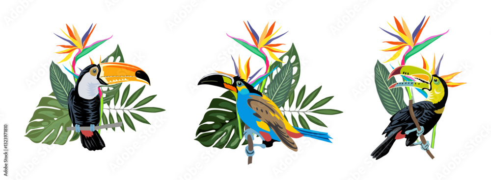 Naklejka premium Set of Tropical compositions with exotic leaves, flowers and toucans. Tucan bird sitting on the branch. Colorful vector illustrations isolated on transparent background. PNG. Sticker.