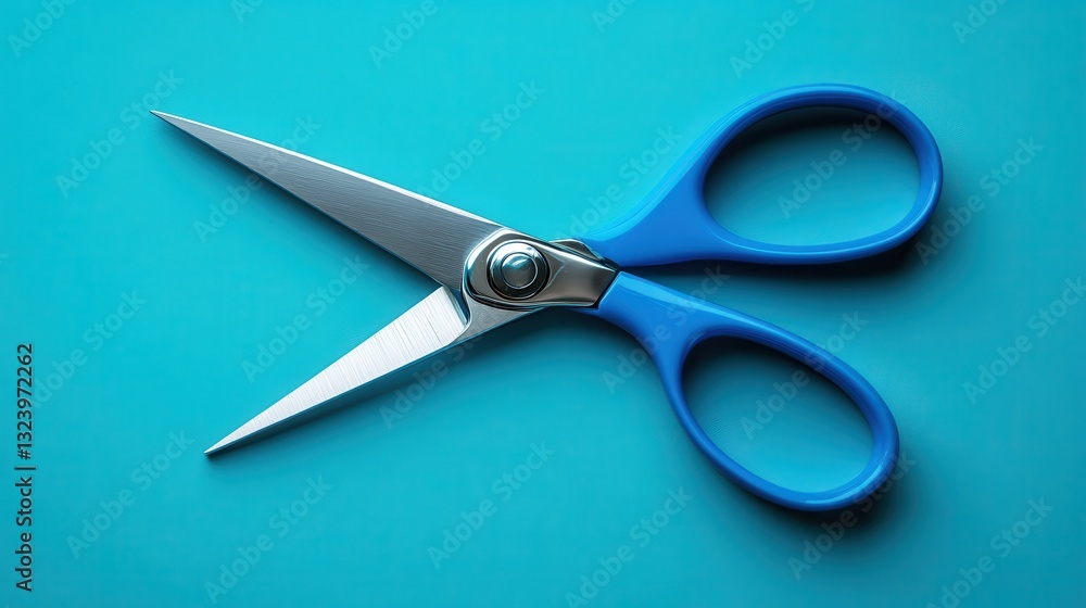 A pair of bright blue handled scissors, their sharp blades gleaming, lay poised on a vibrant turquoise backdrop, ready to snip through threads or paper with effortless precision. A pair of bright blue handled scissors, their sharp blades gleaming, lay poised on a vibrant turquoise backdrop, ready to snip through threads or paper with effortless precision.