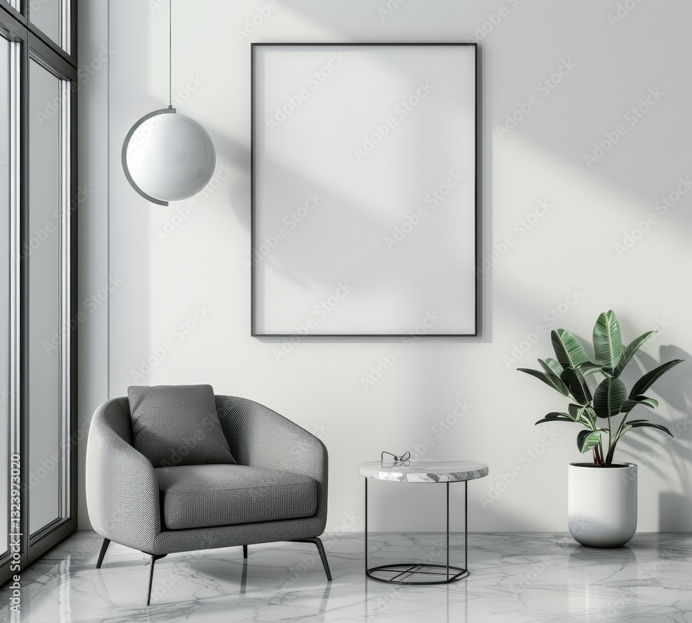 Fototapeta premium Minimalist living room interior with a gray armchair. a side table. a plant. and a large blank poster frame