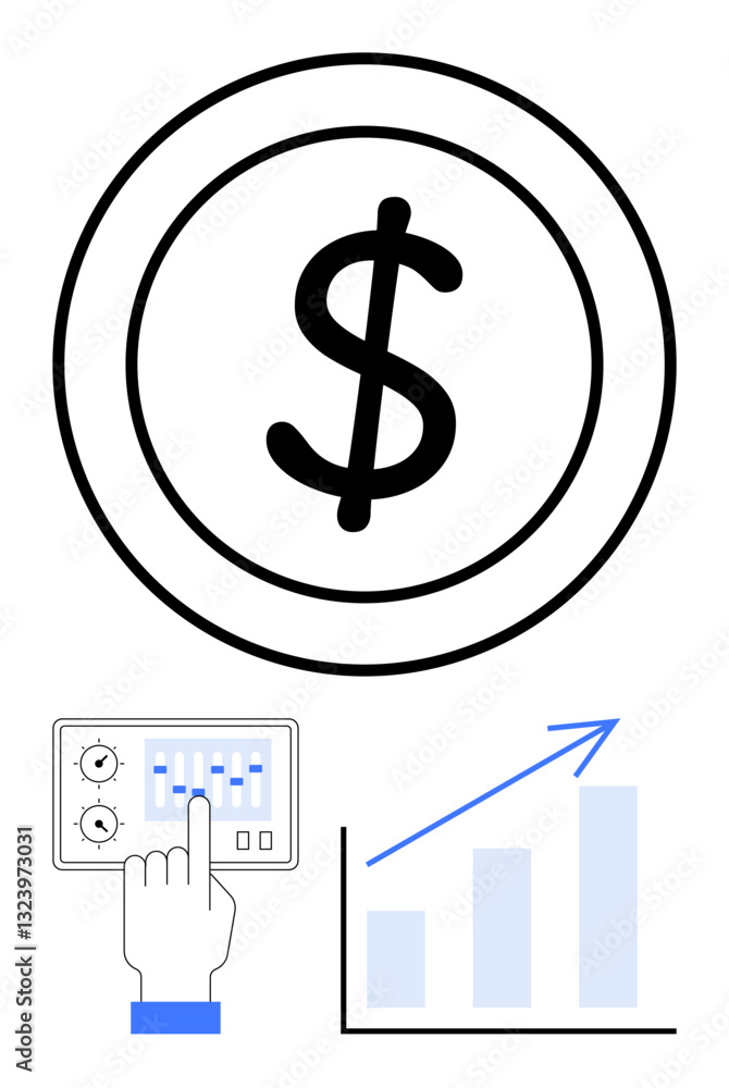Obraz premium Dollar coin symbolizes wealth, control panel with hand indicates management, bar chart shows growth trend. Ideal for finance, business, investment, economic stability, profit increase, money