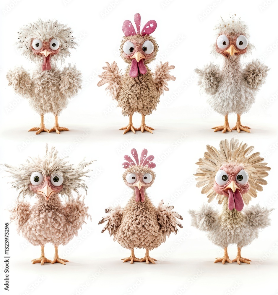 Fototapeta premium Six Fluffy Cartoon Chickens Posing Against White Background