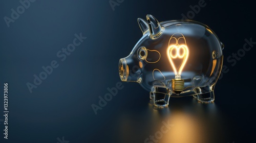 A glass piggy bank with a glowing LED bulb inside, on a dark blue background with soft lighting and space for text. Suitable for various design and advertising scenarios.