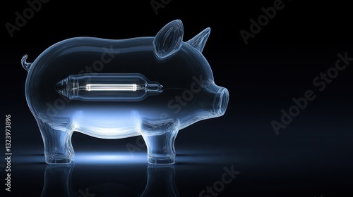 A glass piggy bank with a glowing LED bulb inside, on a dark blue background with soft lighting and space for text. Suitable for various design and advertising scenarios.