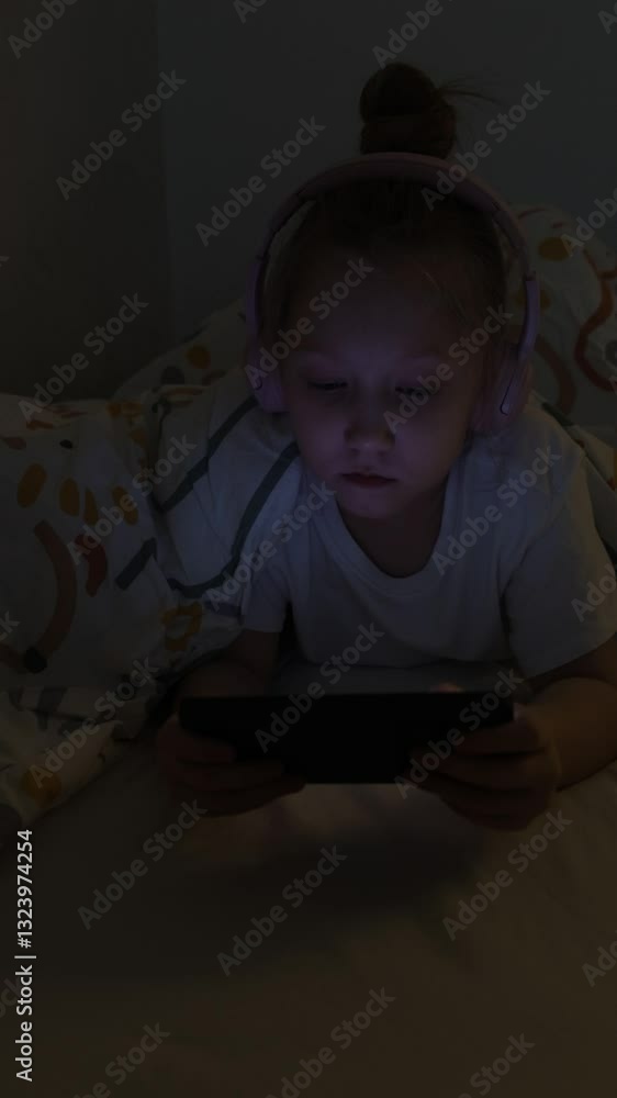 A little girl is playing mobile games on her phone. Addiction to online video games on a smartphone. The concept of children's dependence on technology. A little girl is playing mobile games on her phone. Addiction to online video games on a smartphone. The concept of children's dependence on technology.