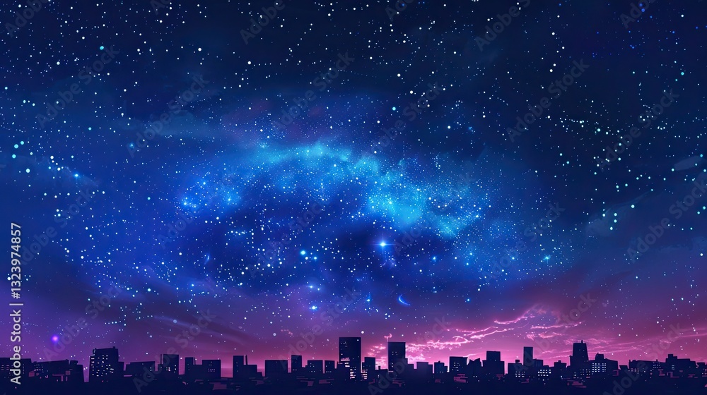 Urban nightscape beneath a boundless, vibrant tapestry of cosmic wonders Urban nightscape beneath a boundless, vibrant tapestry of cosmic wonders