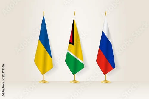 Diplomatic Meeting Representation, Ukraine, Guyana and Russia Flags. Flags on Diplomatic Stands.