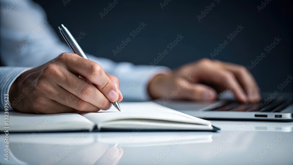 security researchers risk assessment monitoring concept. A hand writing in a notebook beside a laptop. security researchers risk assessment monitoring concept. A hand writing in a notebook beside a laptop.