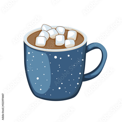 Cute Flat Cartoon Vector Illustration with Blue Cup of Cappuccino coffee with marshmallow