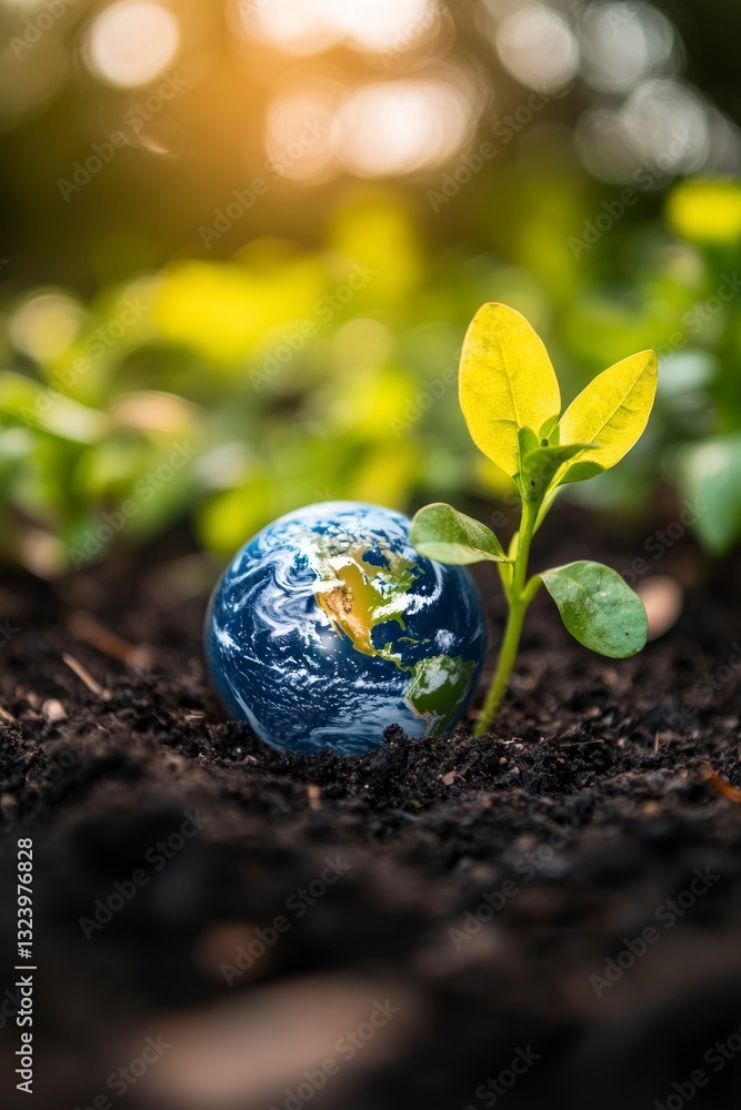 Plant Growing Next to Earth Globe in Soil Symbolizing New Life Plant Growing Next to Earth Globe in Soil Symbolizing New Life