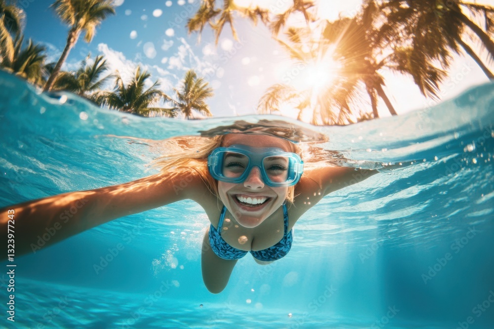 Fototapeta premium Joyful moments beneath the sunlit surface of a pool with palm trees swaying in the summer breeze