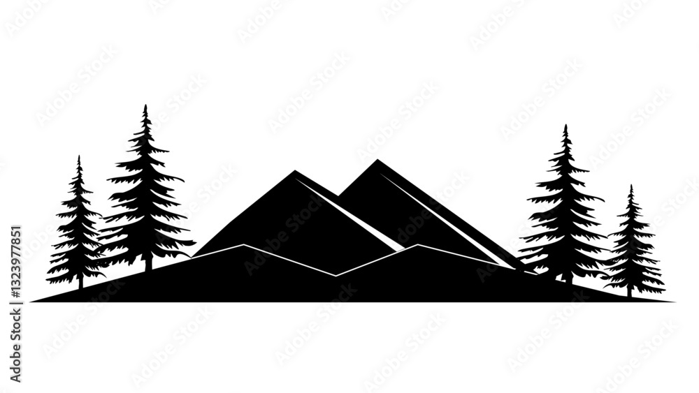Obraz premium Black silhouette of mountains and fir trees camping adventure wildlife landscape panorama illustration icon vector for logo, isolated on white background.