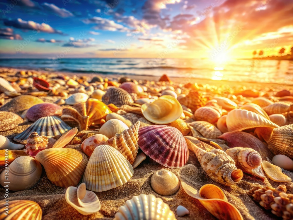 Generative AI art: Seashells adorn a sun-drenched beach, capturing the essence of summer vacation. Generative AI art: Seashells adorn a sun-drenched beach, capturing the essence of summer vacation.
