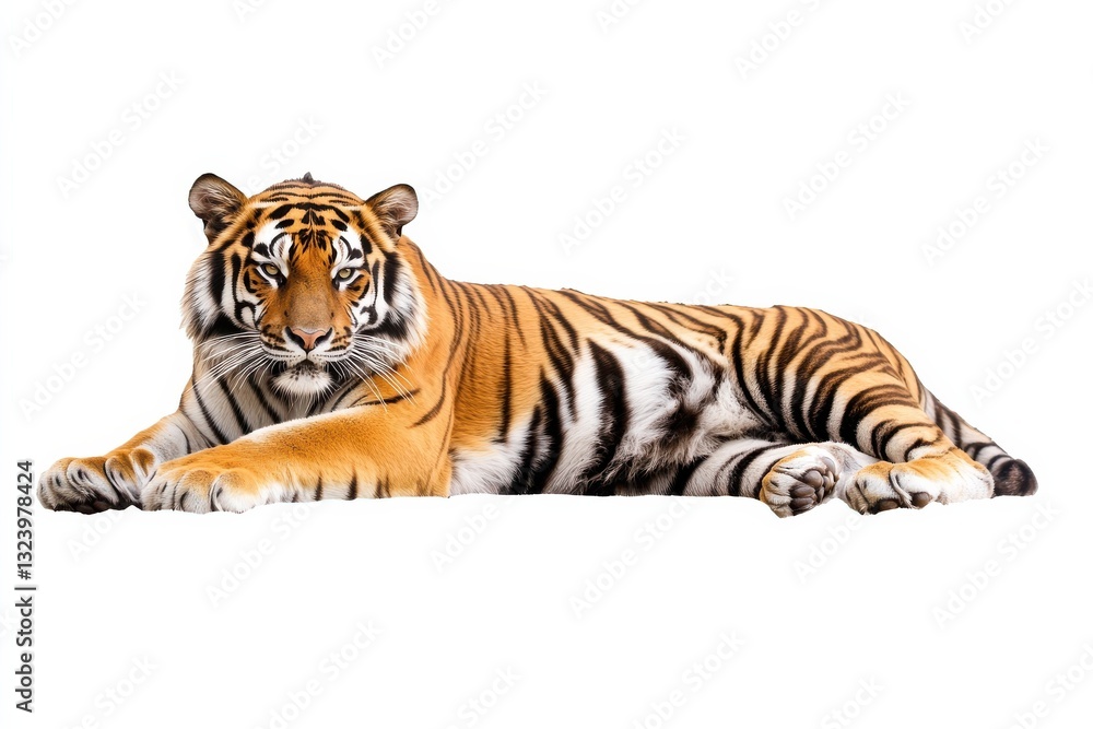 Naklejka premium A majestic tiger lounging gracefully in a pristine white setting during daylight hours isolated on transparent background