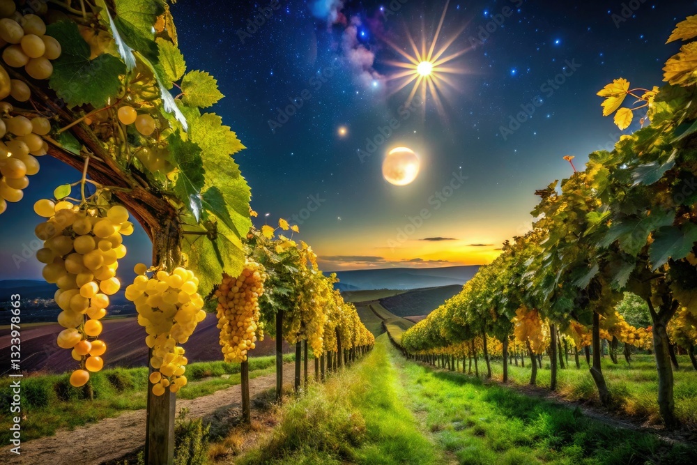 Naklejka premium German autumn vineyard at night: glowing grapes, starry sky, illuminated vines, a dark rural scene.