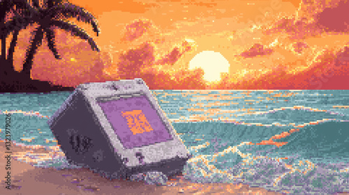 Pixelated 80s Beach with Bright Skies