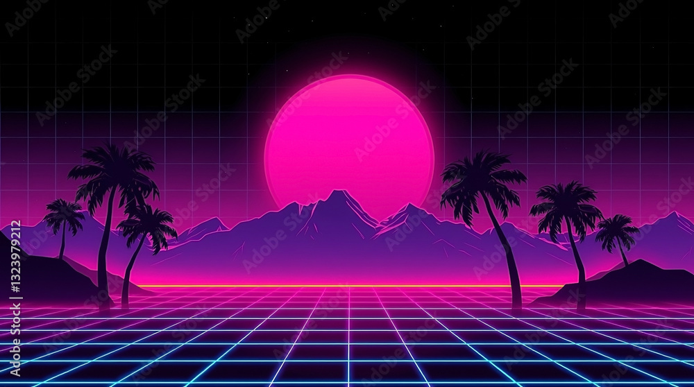 Fototapeta premium Retro 80s Synthwave Grid Background for Gaming and Tech Branding