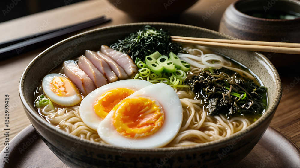 Steaming Bowl of Ramen with Soft-Boiled Eggs, Scallions, Nori, and Pork Slices in Rich Broth Steaming Bowl of Ramen with Soft-Boiled Eggs, Scallions, Nori, and Pork Slices in Rich Broth