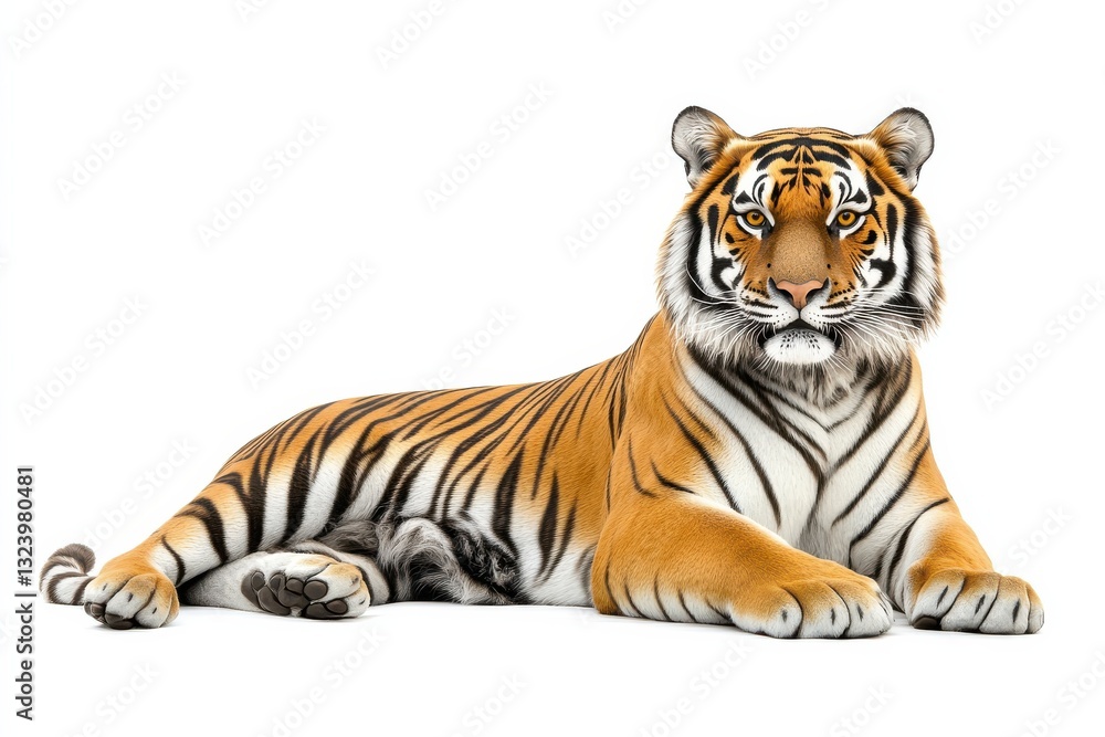 Fototapeta premium Bengal tiger lying down, looking at camera isolated on Transparent Background