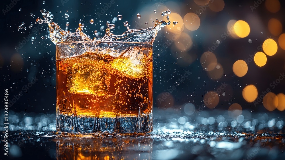 Glass of whiskey with water splashing on it creating an eye-catching and dynamic liquid effect Glass of whiskey with water splashing on it creating an eye-catching and dynamic liquid effect