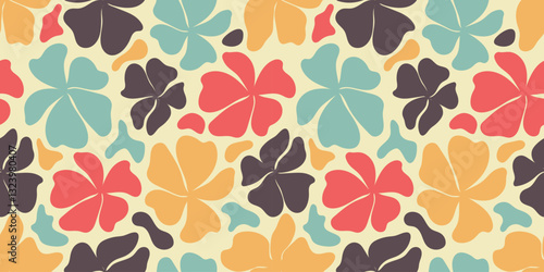 Seamless vintage floral pattern with groovy flowers in a retro aesthetic. Ideal for fabric, textiles, wrapping paper, covers, and banners. Playful charm of past decades
