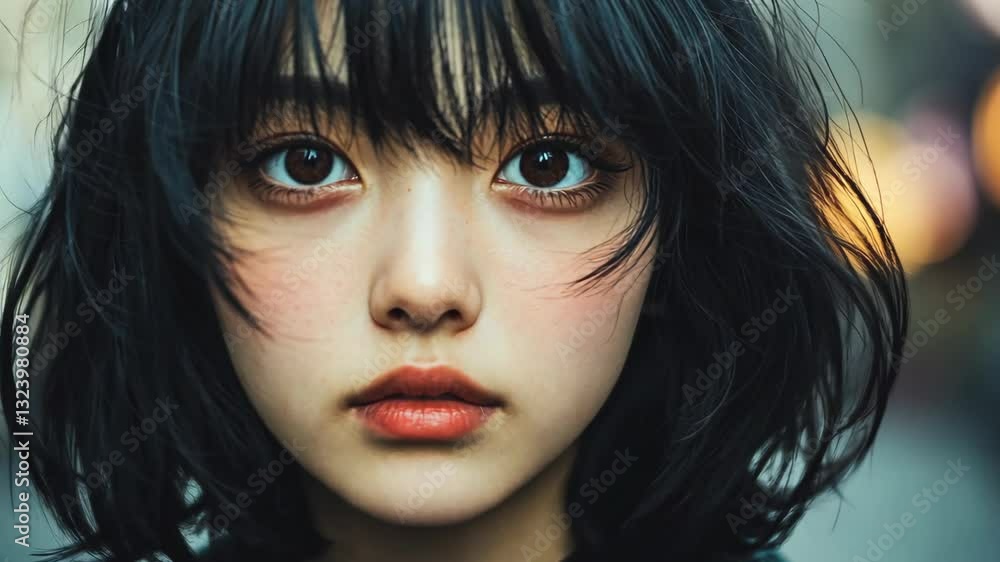 close up young Japanese female model face portrait, short black hair dramatic mood with light make up close up young Japanese female model face portrait, short black hair dramatic mood with light make up