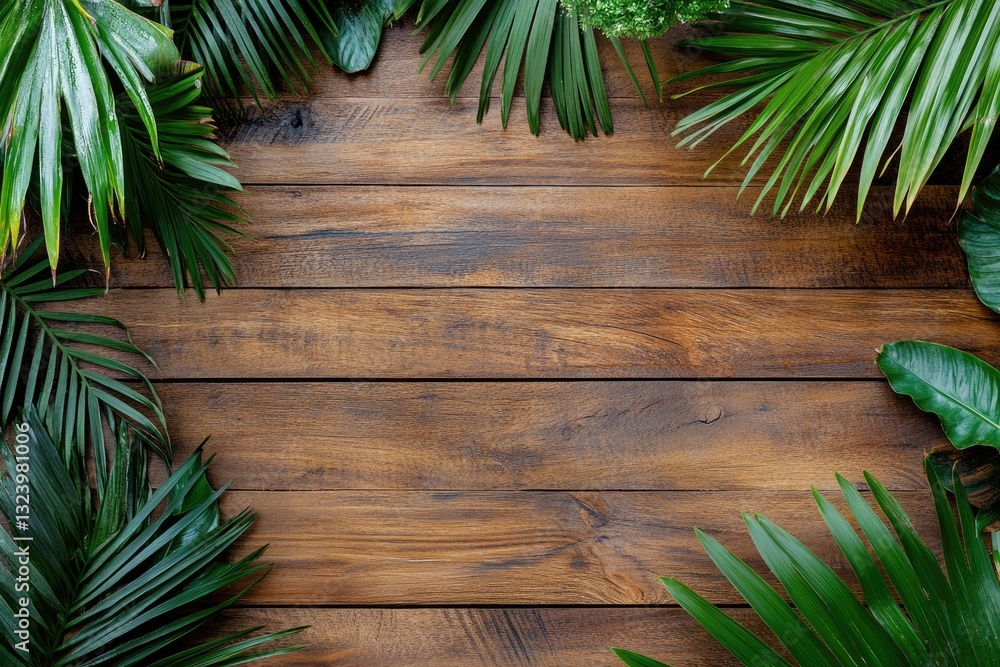 Tropical leaves frame a wooden surface. Lush greenery surrounds a rustic wood plank backdrop Tropical leaves frame a wooden surface. Lush greenery surrounds a rustic wood plank backdrop