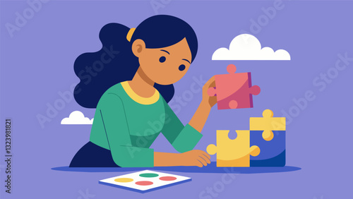 A young girl playing with a puzzle developing critical thinking skills instead of constantly playing mindless games on a tablet.. Vector illustration