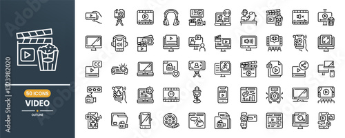 Video vector line icon set. Contains linear outline icons like Cinema, Entertainment, Camera, Play, Pause, Media, Movie, Broadcast Live, Screen, Streaming, Television. Editable use and stroke. 