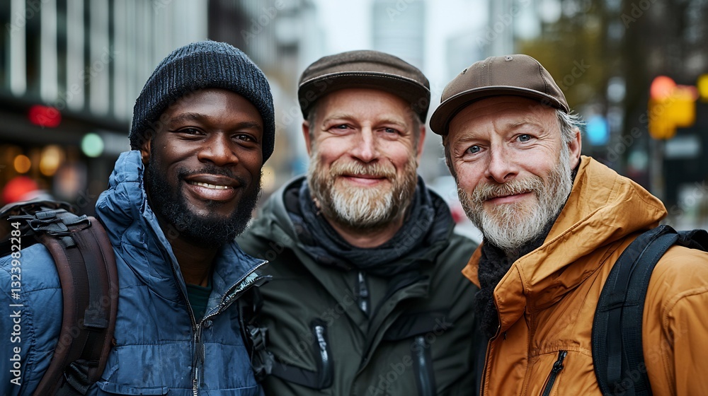 Diverse Men Smiling for City Street, Autumn Day. Diverse Men Smiling for City Street, Autumn Day.