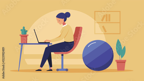 An employee using a stability ball instead of a chair to engage their core while working and taking short breaks to stretch and roll their shoulders.. Vector illustration