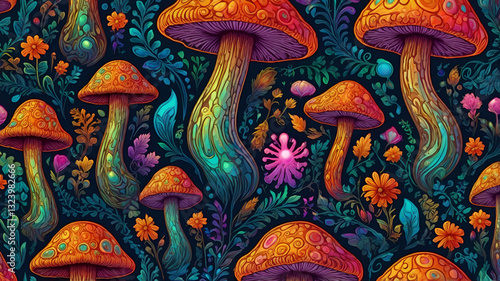 Wallpaper Mural Vibrant Magic Mushrooms with Psychedelic Hallucinations in 60s Hippie Style, Boho Texture, and Trippy Seamless Pattern.  Torontodigital.ca