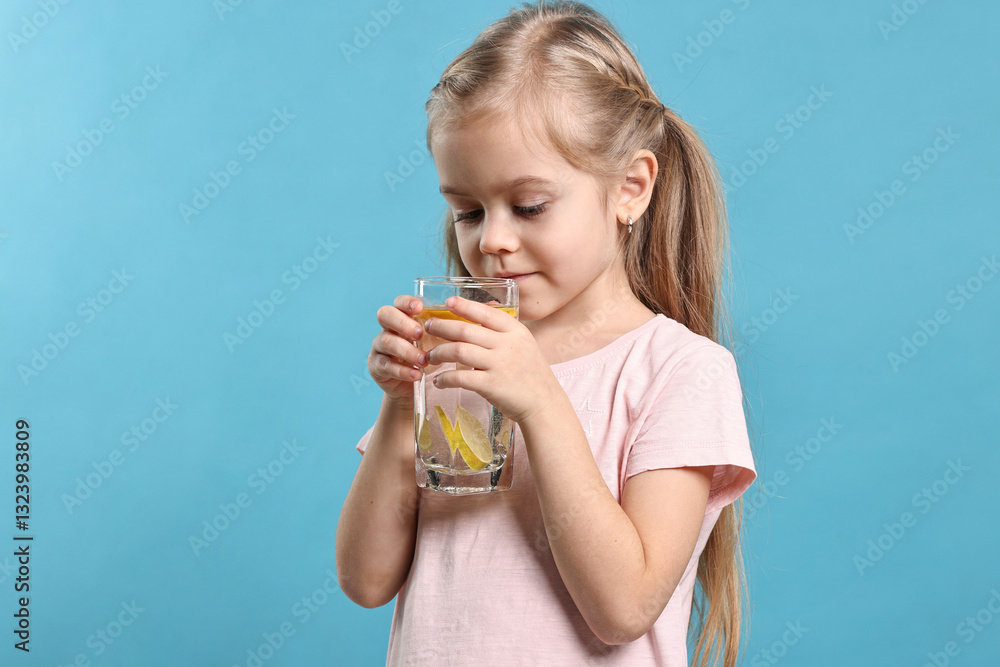 Girl with glass of lemonade on light blue background. Refreshing drink Girl with glass of lemonade on light blue background. Refreshing drink
