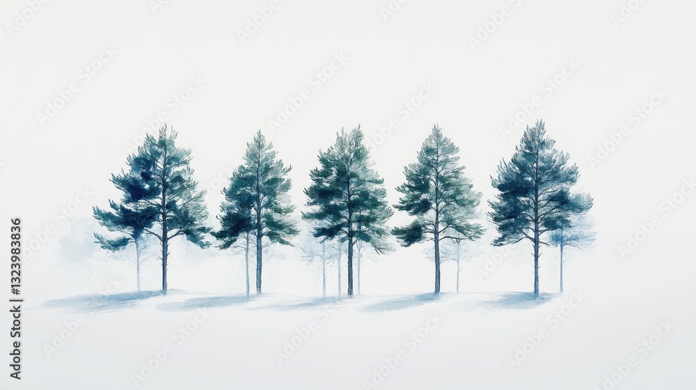 Serene Winter Trees Five Pine Trees in Foggy Landscape Serene Winter Trees Five Pine Trees in Foggy Landscape