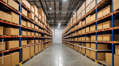 Warehouse Stock - Rows of Packed Cardboard Boxes on Shelves
