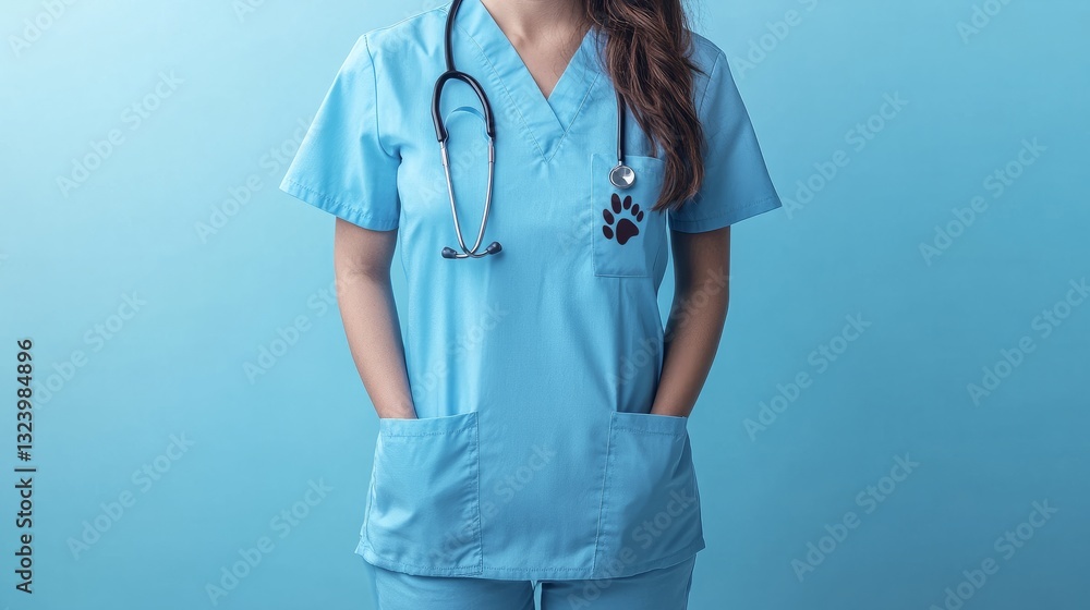 A veterinarian's scrubs with a pawprint design on a plain pale blue background A veterinarian's scrubs with a pawprint design on a plain pale blue background