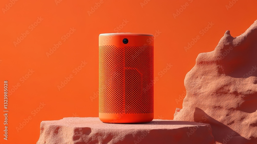 Obraz premium A vibrant orange background served as the backdrop for a portable Bluetooth speaker, its sleek design and vibrant orange hue radiating energy and modernity.