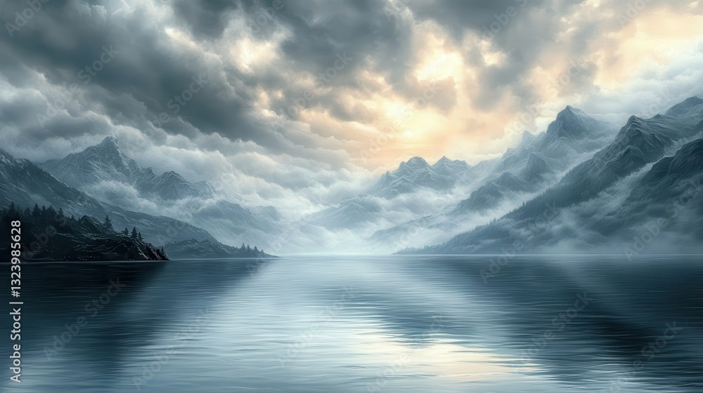 Naklejka premium Serene Mountain Lake Landscape Dramatic Cloudscape at Sunrise