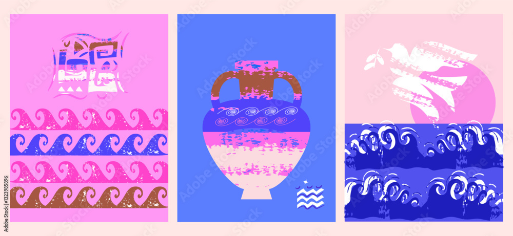 Greece naive playful set cards template antique column, amphora, vase, sea waves, sculpture Abstract bright posters in ancient minimalist style Vector illustration Greece naive playful set cards template antique column, amphora, vase, sea waves, sculpture Abstract bright posters in ancient minimalist style Vector illustration